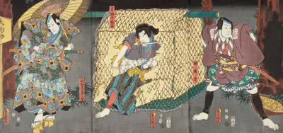 Actors in the Roles of Yoshida no Matsuwaka, Ōtomo Hitachinosuke, and Yakko Kajihira av Utagawa Kunisada (Toyokuni III)