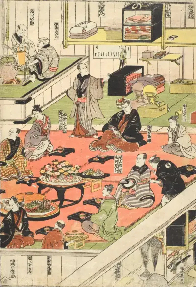 Backstage Celebrations of a Full-house Hit at the Nakamura Theater av Utagawa Kunisada (Toyokuni III)