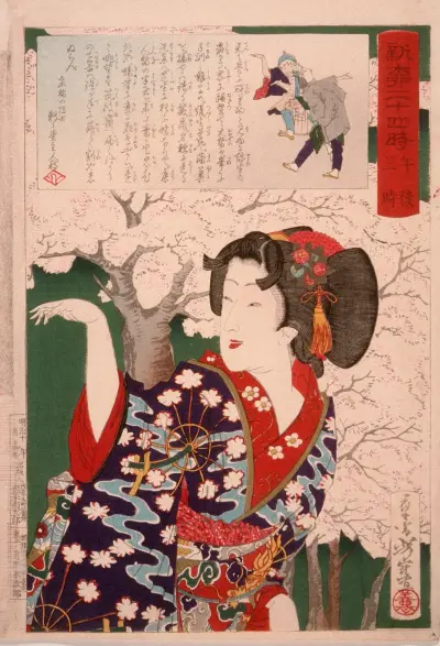 Geisha by Cherry Trees at 3;00 p.m av Tsukioka Yoshitoshi