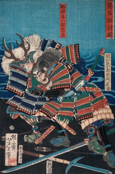 Konda Teihachirō Tadakazu and Makara Jūrōzaemon Naozumi Grappling by the Water av Tsukioka Yoshitoshi