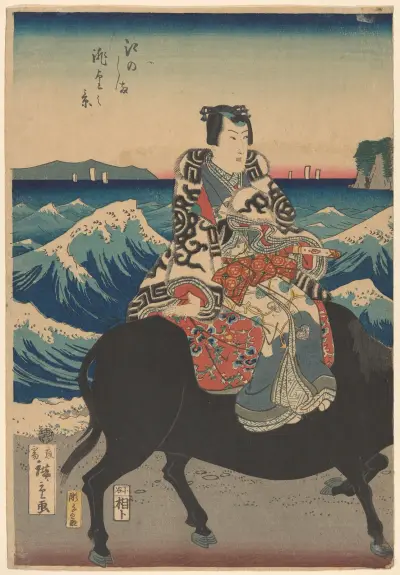 Enoshima Island (Figure on an ox, waves) av Utagawa Hiroshige