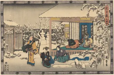 Oishi Leaving Home in Snow av Utagawa Hiroshige