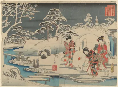Three Women Making a Snow Rabbit in a Garden av Utagawa Hiroshige