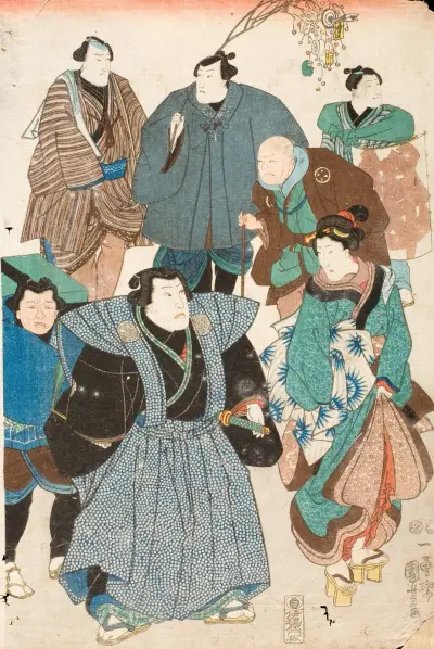 Celebrating Spring (Kabuki Actors Disguised as a Street Crowd), 1850 – nr 1 av Utagawa Kuniyoshi