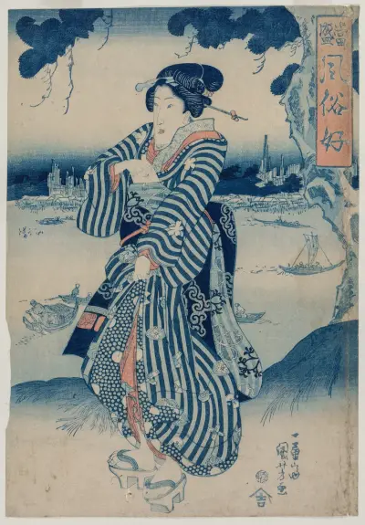 Geisha Standing on the Bank of the Sumida River av Utagawa Kuniyoshi
