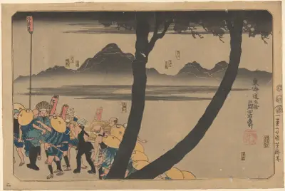 Night Procession by River (forked tree trunk in foreground) av Utagawa Kuniyoshi