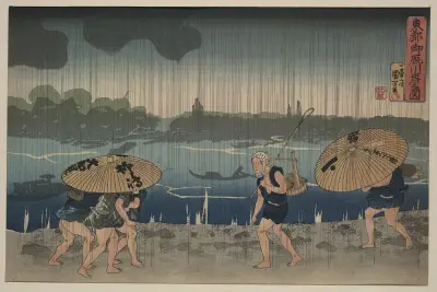 People walking beneath umbrellas along the seashore during a rainstorm av Utagawa Kuniyoshi