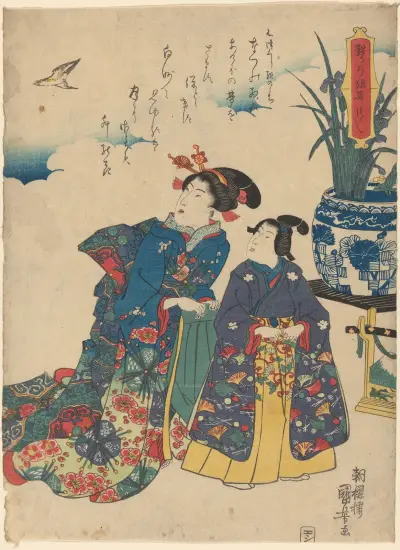 Two Women Looking at a Bird av Utagawa Kuniyoshi