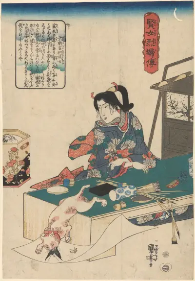 Woman at Table, White Cat Pouncing on Butterfly av Utagawa Kuniyoshi