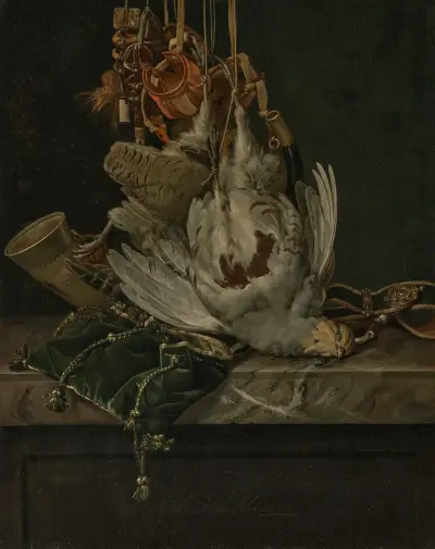 A partridge, a hunting horn, hawking hoods and a gold-trimmed green velvet hunting bag hanging above a marble ledge av Willem van Aelst