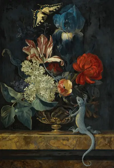 A Still Life With Tulips And Other Flowers In A Vase On A Marble Ledge, With A Lizard And A Butterfly av Willem van Aelst