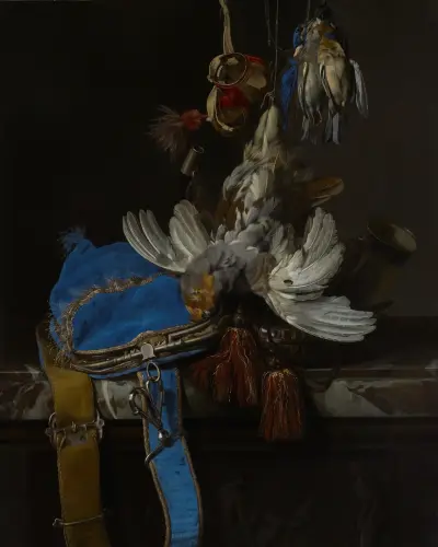 Hunt Still Life with a Velvet Bag on a Marble Ledge av Willem van Aelst
