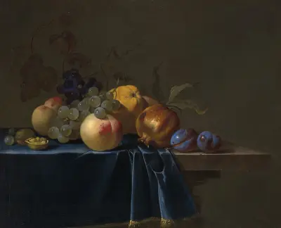 Peaches, grapes, pomegranate and plums on an entablature av Willem van Aelst