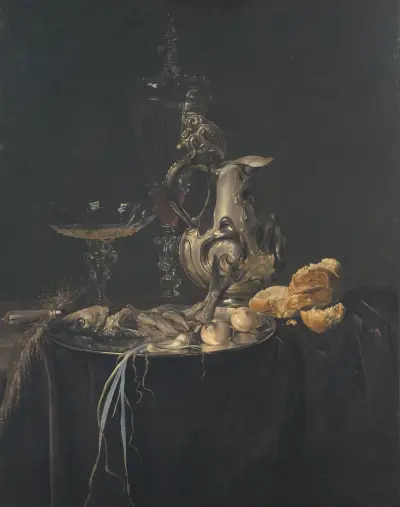 Still Life. Breakfast Piece With A Silver Jug av Willem van Aelst