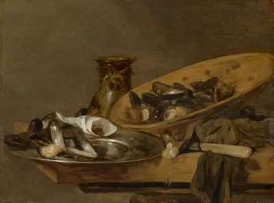 Mussels in pewter and earthenware plates with an upturned roemer, on a wooden table av Abraham van Beyeren