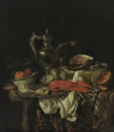 Still life with a silver pitcher av Abraham van Beyeren