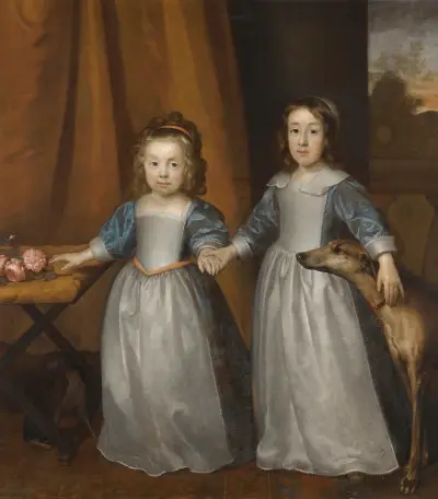 Portrait Of Two Young Girls On A Terrace With Two Hounds, A Landscape Beyond av Cornelis Jonson van Ceulen