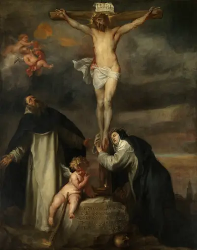 Christ on the Cross with Saint Catherine of Siena, Saint Dominic and an Angel av Anthony van Dyck