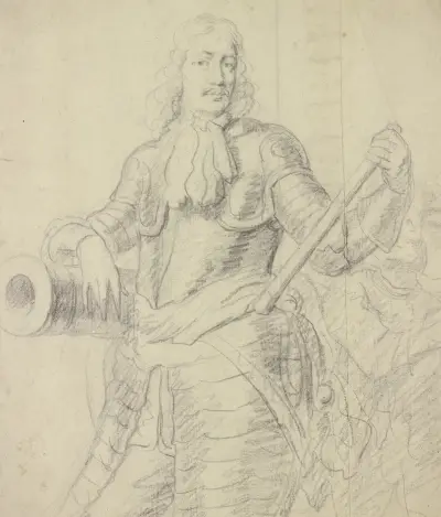 Ein Mann im Harnisch, auf eine Kanone gelehnt av Anthony van Dyck