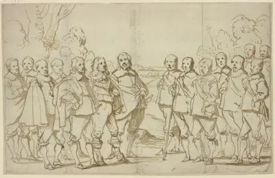 Eine Versammlung von vielen Männern, alle in Schuhen und Strümpfen, nur einer in Stiefeln av Anthony van Dyck