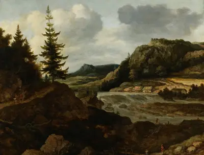 A Mountainous River Landscape with Travellers av Allaert van Everdingen