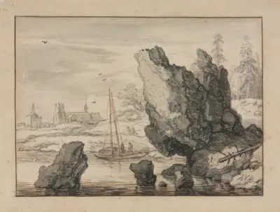 A Rocky Cove with Fishing Boats av Allaert van Everdingen