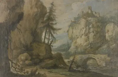 Links hohe Felsen mit Tannen, rechts auf hohen Felsen eine Burg, über dem Bach eine steinerne Brücke av Allaert van Everdingen