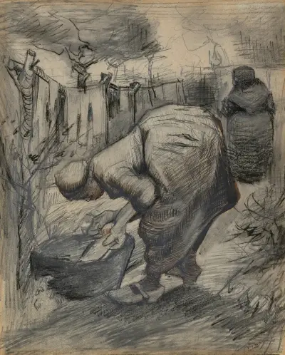 Boerin bij de wastobbe, in een tuin (Woman by the Wash Tub, in a Garden) av Vincent van Gogh