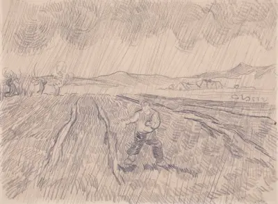 Enclosed field with a sower in the rain av Vincent van Gogh