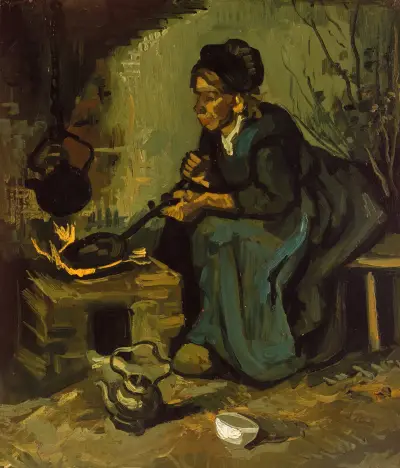 Peasant Woman Cooking by a Fireplace av Vincent van Gogh