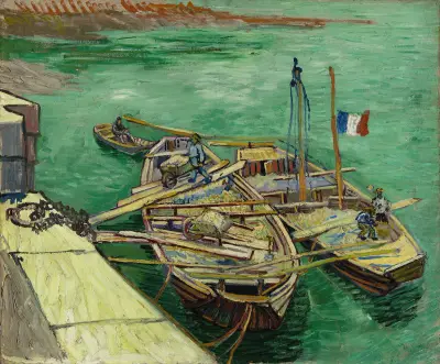 Quay with men unloading sand barges av Vincent van Gogh