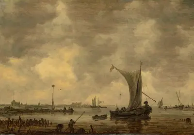 En flodmynning med fartyg och fiskare på stranden av Jan van Goyen