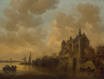 Flodlandskap med herrgård, roddbåtar och andra fartyg av Jan van Goyen