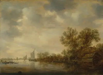 Flodlandskap med segelfartyg, fiskebåtar och en färja med bönder och boskap av Jan van Goyen