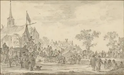 En byfest med musikanter utanför ett tält av Jan van Goyen