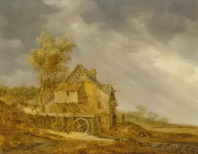 En vattenkvarn med figurer i ett landskap av Jan van Goyen