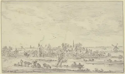 Am Wasser ein Dorf, vorn Hirten mit Vieh, auf dem Wasser ein Kahn, rechts eine Windmühle av Jan van Goyen