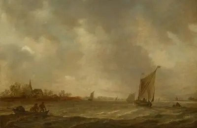 En flodmynning med fiskare och fartyg samt en kyrka till vänster av Jan van Goyen