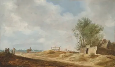 Ett vidsträckt landskap med ett hus och resenärer på en öppen väg av Jan van Goyen