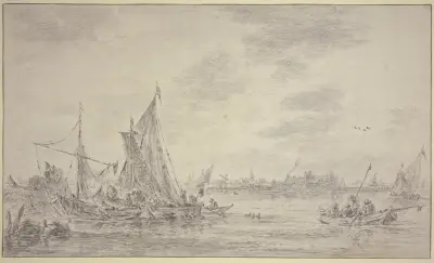 Auf einem Fluss viele Fischerbote, rechts ein Dorf av Jan van Goyen