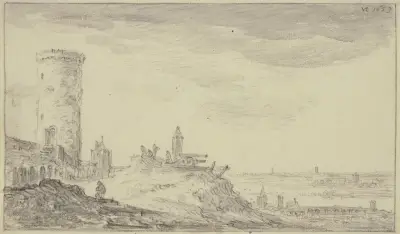 Befestigung, bei einem Kundeturm zwei Kanonen und ein Schilderhaus av Jan van Goyen