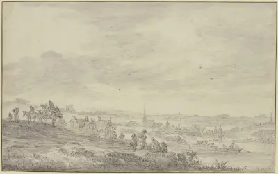 Blick über eine weite Landschaft mit Kirchturm av Jan van Goyen