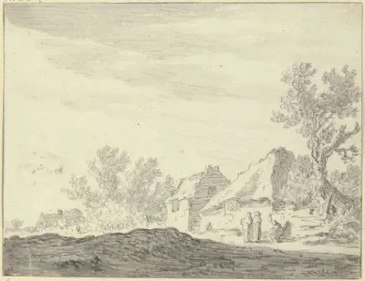 Drei Figuren vor einer Hütte av Jan van Goyen