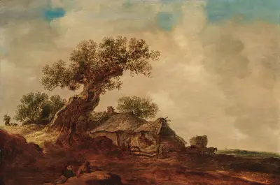 Dynlandskap med halmtäckt stuga intill en ek, äng i bakgrunden av Jan van Goyen