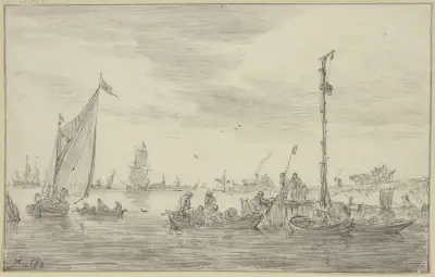 Ein hoher Signalmast halbrechts auf einer Landungsstelle, an der Ruderboote liegen av Jan van Goyen