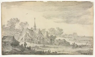 Grupp av byggnader vid en havskust av Jan van Goyen