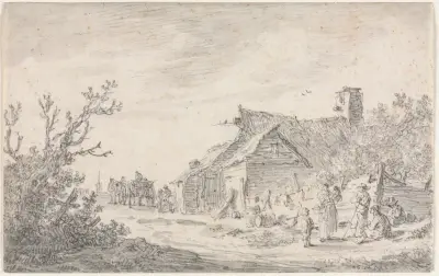 Landskap med stuga och figurer av Jan van Goyen