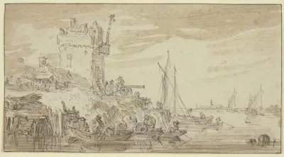 Links an einem Fluss ein befestigter Turm, dabei eine Kanone auf welcher ein Mann sitzt av Jan van Goyen