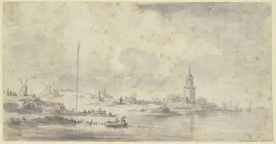 Links an einem Fluss eine Stadt mit Kirche und Festungsmauer, weiter links zwei Windmühlen av Jan van Goyen
