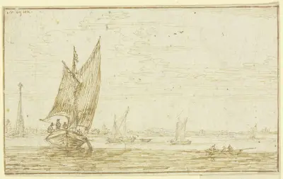 Marin, till vänster seglar en båt, till höger en roddbåt av Jan van Goyen